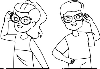 glasses kid vector. child school, cute student, little boy, smart portrait, fun girl glasses kid character. people black line illustration