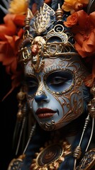 A very pretty girl with skull makeup for the day of all the dead. Mexican national holiday. AI image for screensaver on smartphone