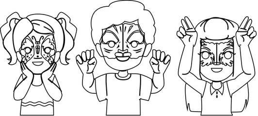 paint face painting vector. artistic makeup, art girl, childhood festival paint face painting character. people black line illustration
