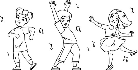 dancing kid vector. child dance, girl happy, leisure cute, childhood music, dancer contemporary dancing kid character. people black line illustration