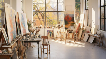 The interior of an atelier bathed in sunlight, adorned with scattered brushes and canvases, a haven for painters and artists on a sunny afternoon. - obrazy, fototapety, plakaty