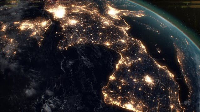Europe from Space. Beautiful Night Cities Lights from the Orbiting Satellite. Planet Earth Spinning Space Orbit View Time Lapse. NASA Textures. Modern Technology Concept 4k Ultra HD 3840x2160