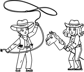 cowboy kid vector. boy child, hat little, cute fun, cowgirl boots, american children cowboy kid character. people black line illustration