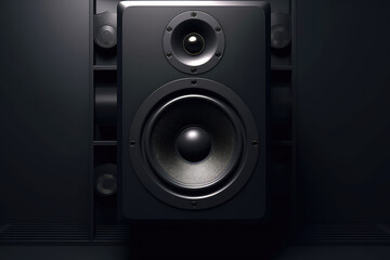 Obraz premium Black music speaker on flat gray background of studio with copy space. 3d render illustration style. 