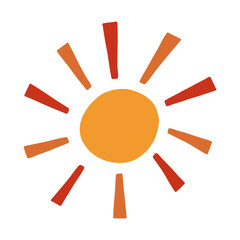 Cute hand drawn sun clipart. Funny and trippy sunrise icon with shine ray in the retro style of 60s, 70s. Sign of hot weather, sunlight, sunset. Trendy vector doodle isolated on white background