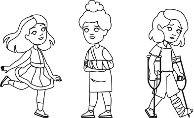 broken bone kid girl vector. child injury, fracture arm, injured hurt, leg medical, bandage patient broken bone kid girl character. people black line illustration