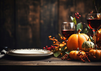 Harvest Feast, Festive autumn table setting with fallen leaves, pumpkins, spices, and vintage cutlery on a wooden table