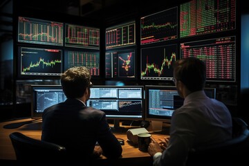 Professional Financial Data Analysts Working in a Modern Monitoring Office with Live Analytics Feed on a Big Digital Screen. Monitoring Room with Finance Specialists Sit in Front of Computers.