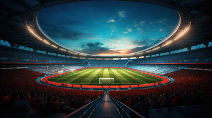 An expansive football stadium captured in a wide-angle view. - obrazy, fototapety, plakaty