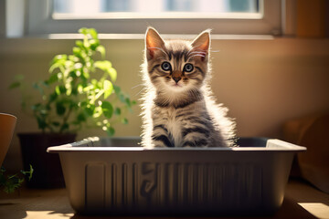 Little baby kitten in litter box at home. Creative concept of convenient pet litter trays for pets pet litter boxes. 