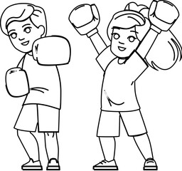 boxing kid vector. child boxer, training sport, activity fight, caucasian exercise, gloves young boxing kid character. people black line illustration