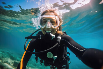 Portrait of young woman scuba diving looking at camera, face closeup.