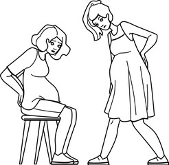 back pain pregnancy vector. pregnant woman, ache baby, ache asian, lower sick, belly hurt back pain pregnancy character. people black line illustration