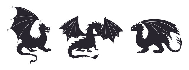 Dragons silhouettes. Winged medieval dragons mascots, scary fire breathing reptiles. Fairy dragons silhouette flat vector illustration set