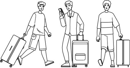 baggage travel man vector. luggage happy, young suitcase, trip flight baggage man character. people black line illustration