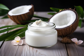 Fototapeta na wymiar Round jar of natural cosmetic white coconut cream with moisturizing effect and raw piece of coconut with juicy flesh. light studio background. 