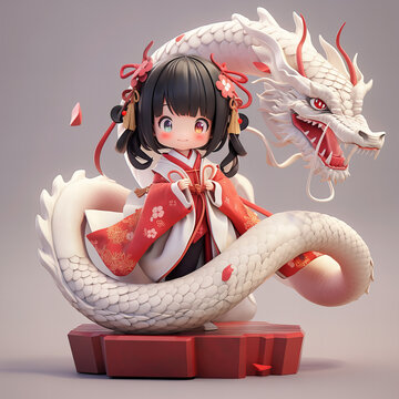 フィギアの着物を着た少女と龍　正月　AI画像