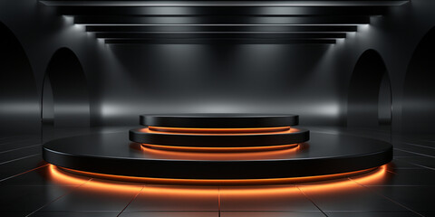 Catwalk or pedestal in full black for product display, photo luxurious, elegant, dark in low light for men, cosmetic LED neon