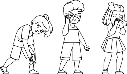 allergy kid vector. child allergic, girl asian, baby rash, spring sneeze, itch sick allergy kid character. people black line illustration