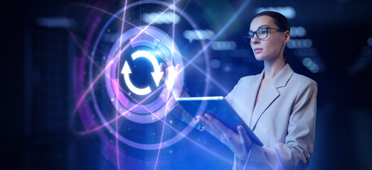 Update download software upgrade. Woman using augmented reality virtual screen.