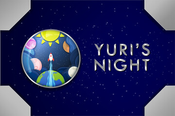 Yuri's Night Horizontal Banner. Paper cutout of space, planets, sun, moon, and rocket ship. Yuri's Night Metal typographic design. Editable Vector Illustration. EPS 10.
