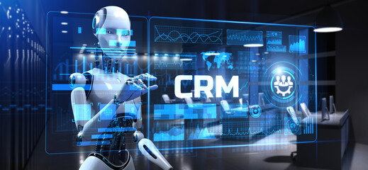 CRM customer relationship management automation RPA concept. Robot pressing button on screen 3d render.