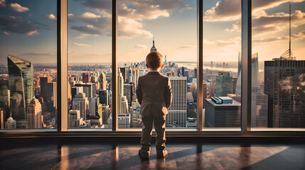 Child businessman. Chief Executive Officer. A boy in a brown suit stands with his back looking at a tall glass window in a room on a tall building, skyscraper. He sees the city from a bird's eye view. - obrazy, fototapety, plakaty