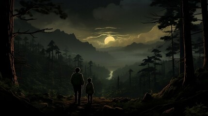 Two people look at a dark forest and full moon. Dark spooky forest. People lost in the scary forest.