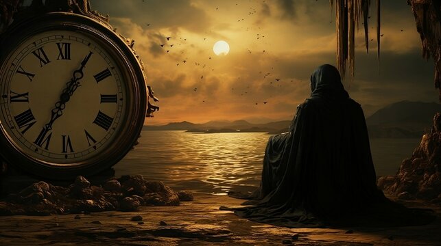 Death looks at the ancient clock waiting