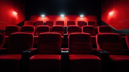 Empty cinema with red seats. Comfortable armchairs in movie theater. Rows of empty chairs.