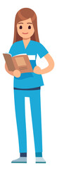Woman in blue medical uniform reading paper document. Nurse character