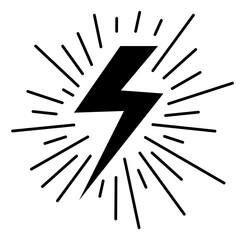 Flash icon with light rays in retro black line style