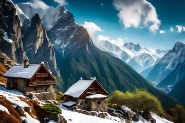 Mountains with Rock House on Top of it Covered with Snow and Greenery