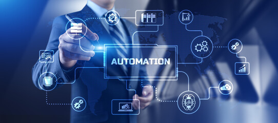 Automation Innovation technology concept. Businessman pressing button on screen.