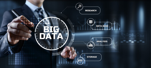 Big Data Analysis Analytics internet technology concept. Businessman pressing button on screen.