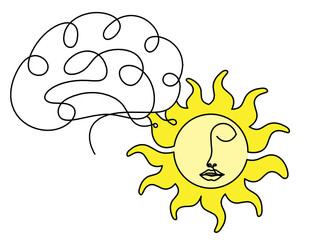 Abstract color sun-face with brain as line drawing on white