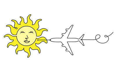 Abstract color sun-face with plane as line drawing on white