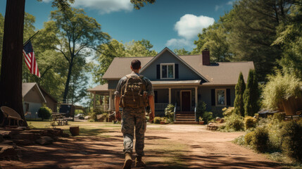 Modern day American soldier in front of his home, coming back from the military, 