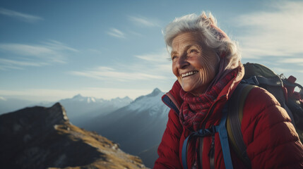 Fototapeta na wymiar An elderly woman at the mountain summit, symbolizing success.