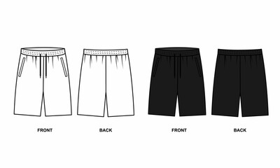 Technical drawing of sports shorts, isolate on a white background. Outline Drawing of short shorts in white and black. Men's shorts template front and back views. - obrazy, fototapety, plakaty