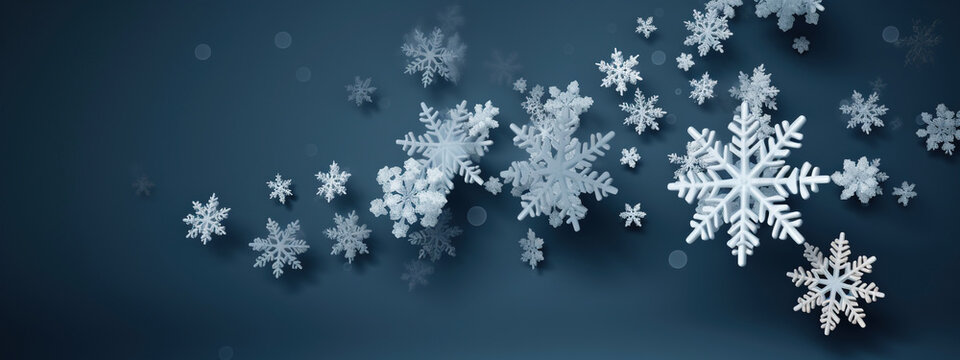 White snowflakes on blue winter banner background