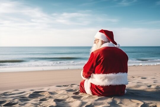Santa Claus on sandy beach. Empty space for your text. Santa Claus Sign. Banner