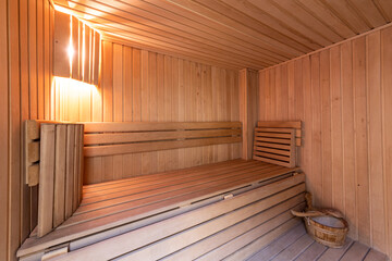 Fototapeta na wymiar Standard wooden sauna room interior