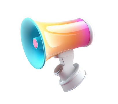 Cute megaphone loudspeaker in cartoon clay toy style, pastel colors, isolated on white background. 3d render illustration isometric detailed icon clipart. Png with transparent background, cutout.