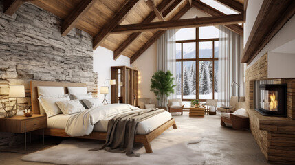 The interior of an expansive woodland room with wooden beams and a king-size bed.