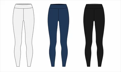 Foto op Plexiglas Set of leggings isolate on a white background. Pattern of women's leggings in blue, white and black colors. Sketch of sweatpants made of elastic fabric. Sketch Thermal underwear for women. © Iryna
