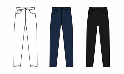 A set of drawings of straight skinny jeans in white, blue, black colors. Sketch jeans isolate on a white background. Fashionable high-waisted skinny jeans template in casual style. - obrazy, fototapety, plakaty