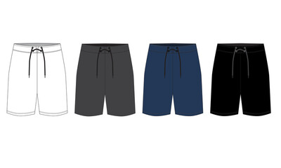 A set of men's drawstring shorts for swimming, running, gym, tennis, boxing. Drawing of sports shorts in white, gray, blue, black colors. Technical drawing of shorts isolate on a white background.
