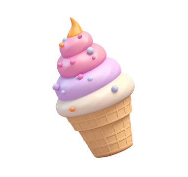 Cute ice cream in cartoon clay toy style, pastel colors, isolated on white background. 3d render illustration isometric detailed icon clipart. Png with transparent background, cutout.
