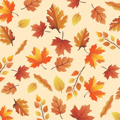 Seamless pattern of autumn of colorful autumn leaves. Vector illustration.